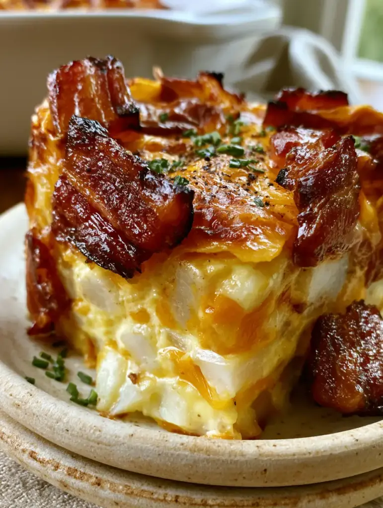 Cheesy Bacon Potato Breakfast Casserole with Crispy Scalloped Tops 2 Macro side profile of cheesy bacon potato breakfast casserole showing honey-glazed bacon lardons and creamy custard interior.