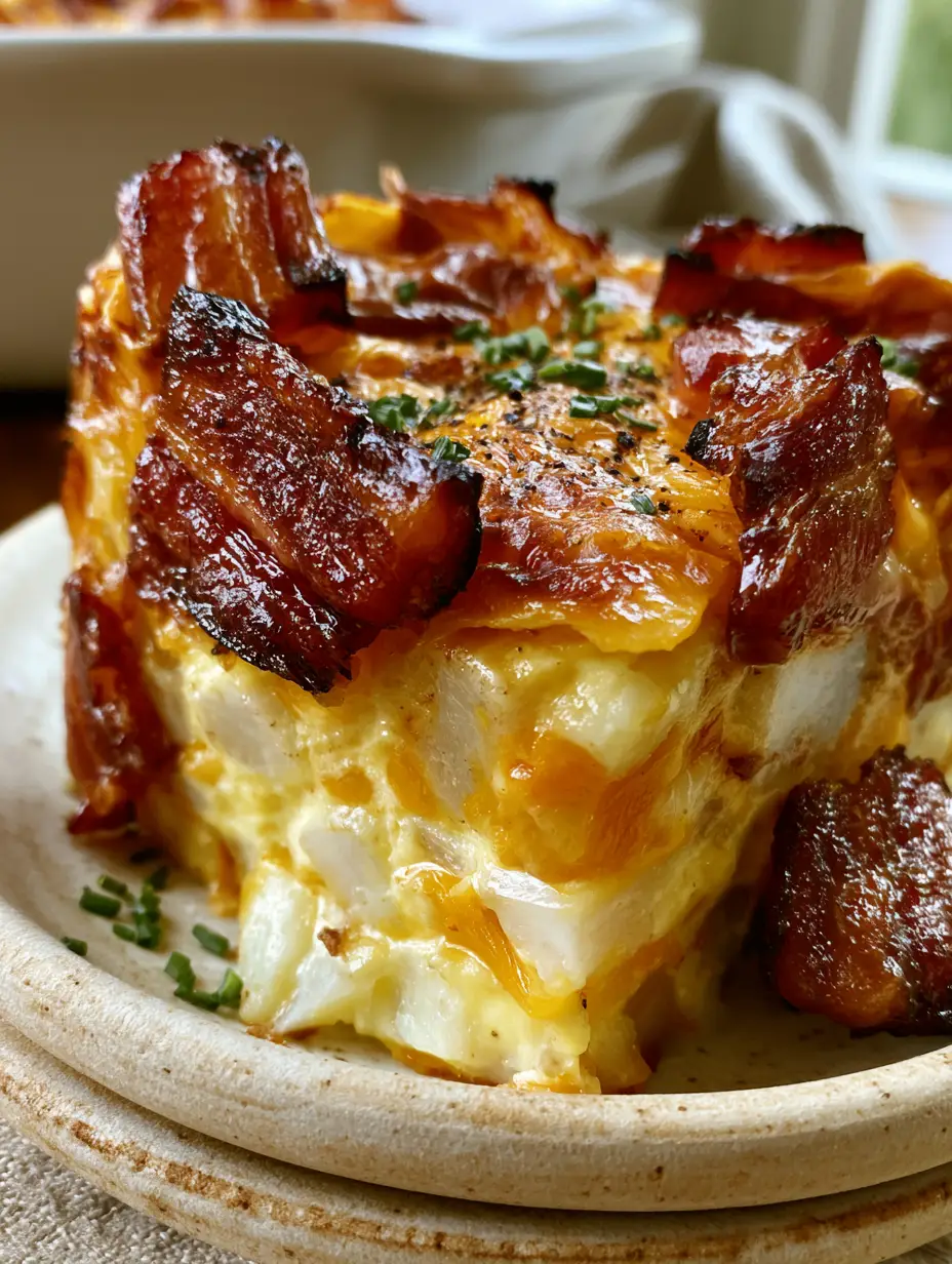 Cheesy Bacon Potato Breakfast Casserole with Crispy Scalloped Tops 3 Macro side profile of cheesy bacon potato breakfast casserole showing honey-glazed bacon lardons and creamy custard interior.