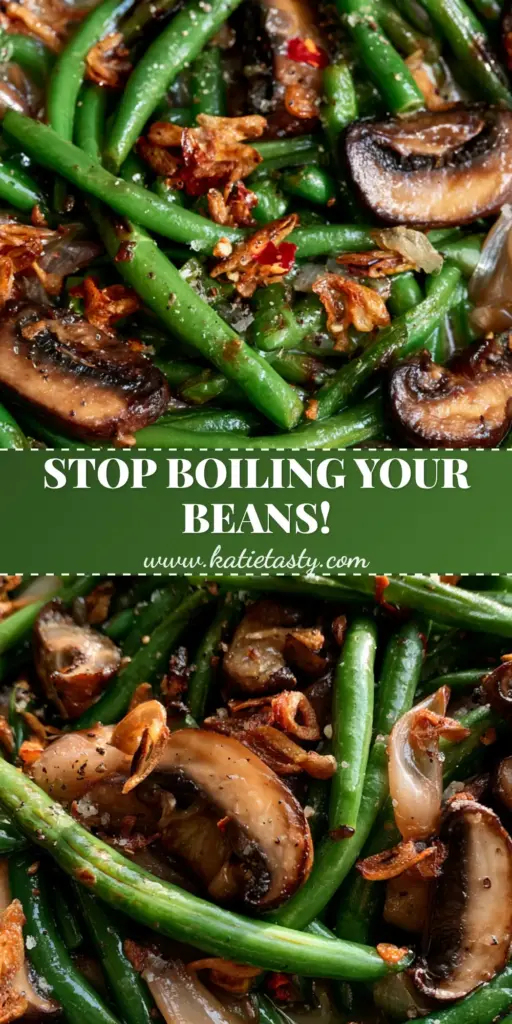 Green Beans with Mushrooms: The Ultimate Garlic Butter Side Dish 4 A sizzling matte black cast iron skillet filled with blistered emerald Green Beans with Mushrooms, crispy garlic slivers, and a glossy butter glaze.