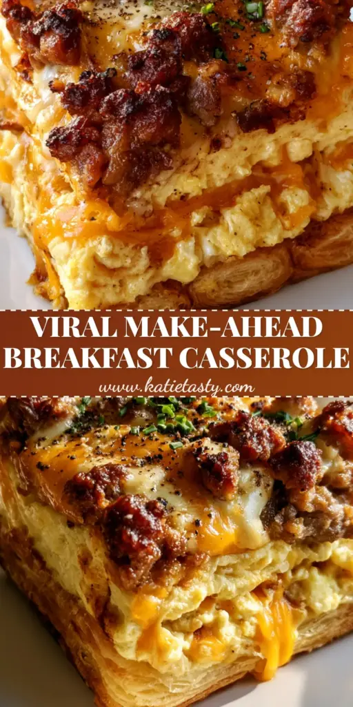 Sausage Egg and Cheese Breakfast Casserole with Crescent Roll Crust 4 A vertical Pin showing a thick slice of sausage egg and cheese breakfast casserole with a golden crescent crust and bubbling toasted cheese.