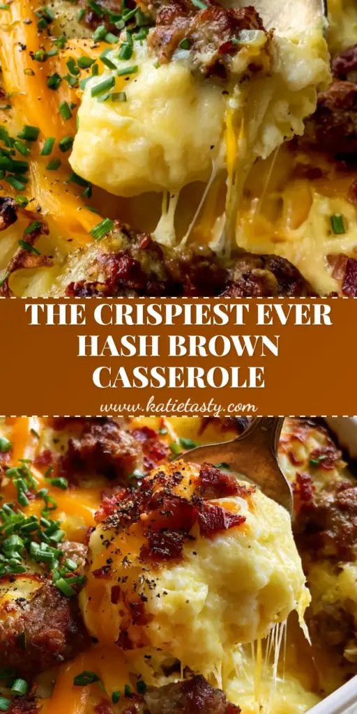 Cheesy Hash Brown Breakfast Casserole with Crispy Bacon and Sausage 4 A heavy portion of cheesy hash brown breakfast casserole being lifted by a silver spoon, showing melted cheese stretches and crispy golden edges.