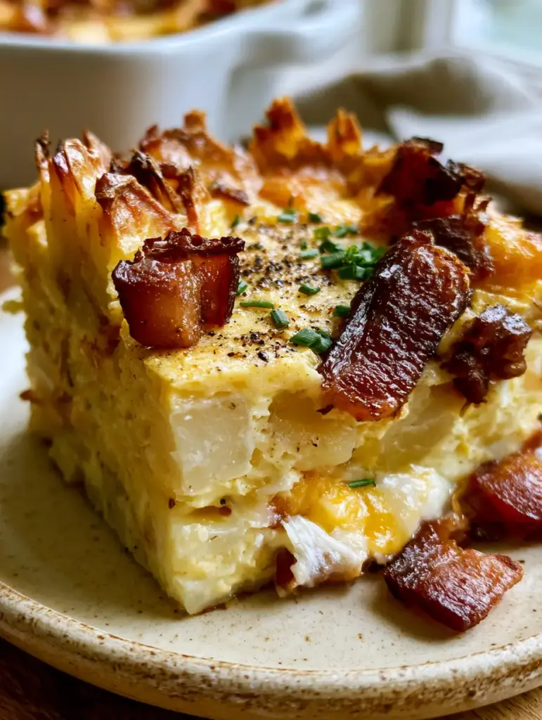 Cheesy Bacon Potato Breakfast Casserole with Crispy Scalloped Tops 1 Close up of the crispy scalloped potato edges and toasted cheddar cheese on a cheesy bacon potato breakfast casserole.