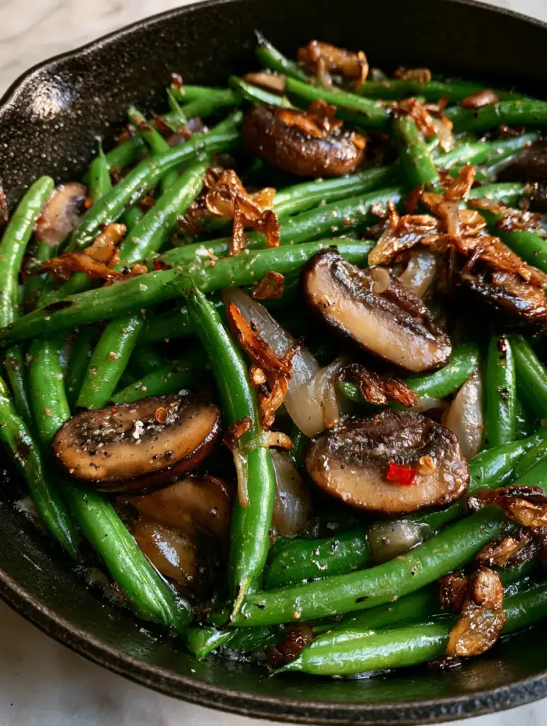 Green Beans with Mushrooms: The Ultimate Garlic Butter Side Dish 2 Close-up shot of charred Green Beans with Mushrooms showing caramelized edges and translucent shallots in a cast iron pan.