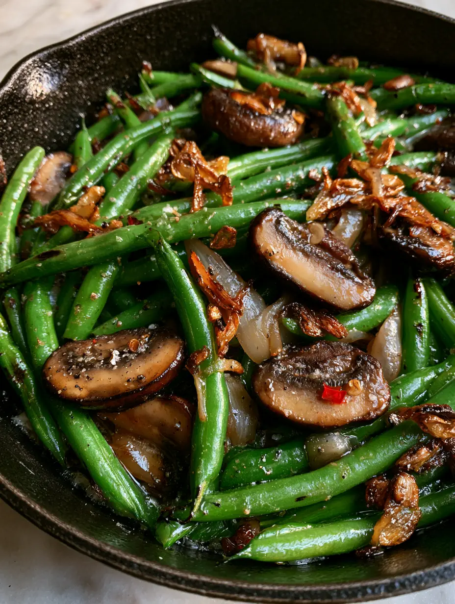 Green Beans with Mushrooms: The Ultimate Garlic Butter Side Dish 3 Close-up shot of charred Green Beans with Mushrooms showing caramelized edges and translucent shallots in a cast iron pan.