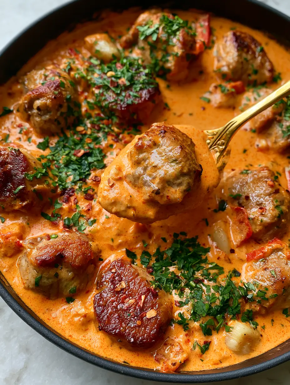 Top-down shot of seared pork tenderloin bites in a sunset orange bell pepper cream sauce in a cast iron skillet. (Pork Bites with Creamy Bell Pepper Sauce)
