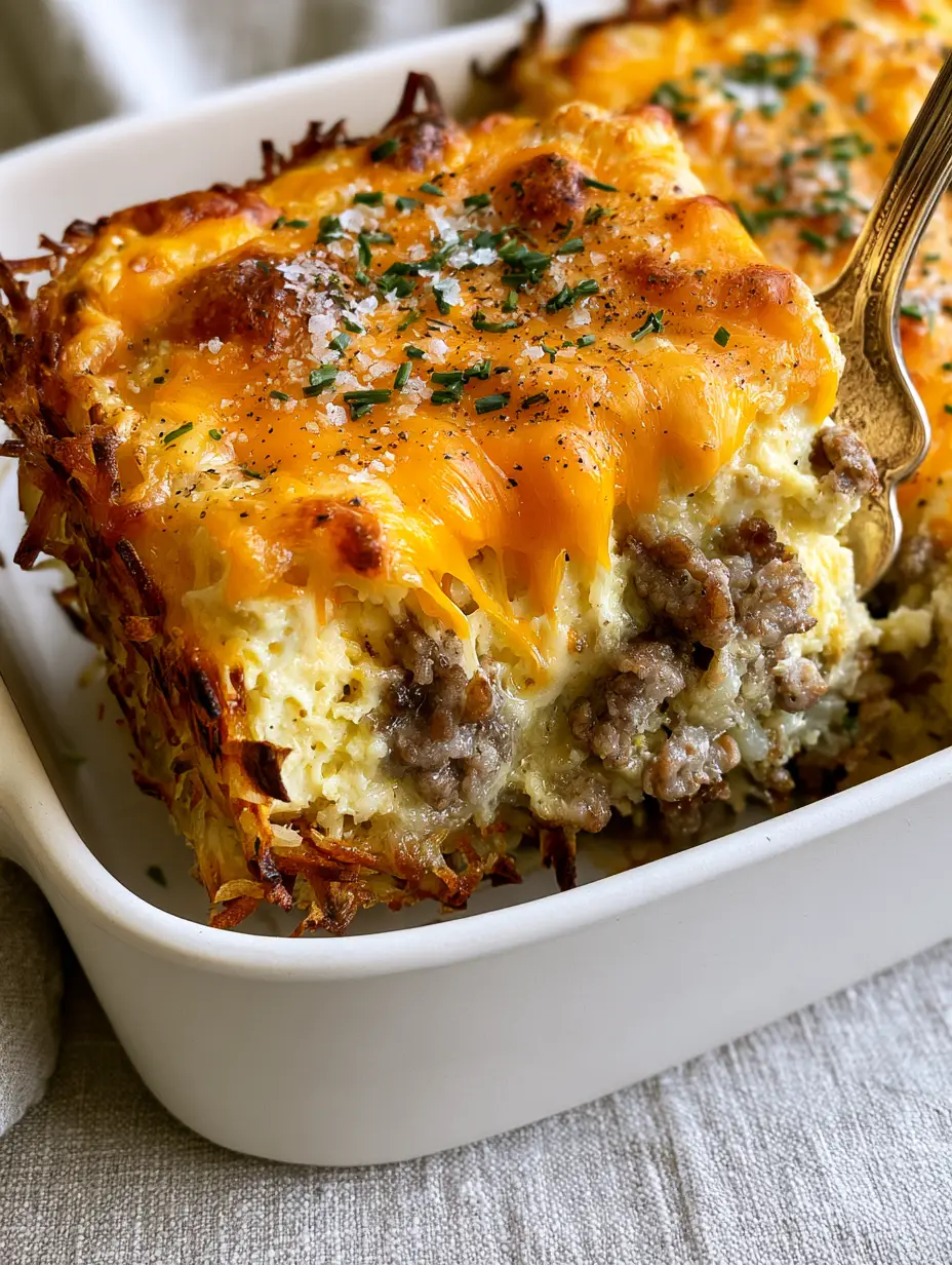 Close up handheld photo of a steaming slice of sausage egg and hashbrown casserole showing the fluffy egg and juicy sausage layers. (sausage egg and hashbrown casserole)