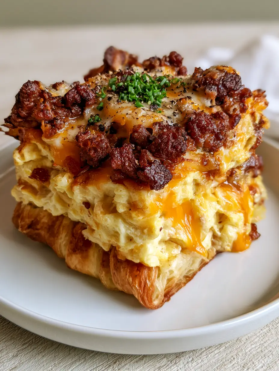 Sausage Egg and Cheese Breakfast Casserole with Crescent Roll Crust 3 Smartphone photo of a thick slice of sausage egg and cheese breakfast casserole showing the moist egg center and flaky crescent roll base.