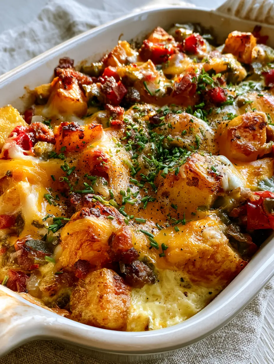 Top-down view of a Potatoes O'Brien Breakfast Casserole showing crispy potato peaks and bubbling cheddar cheese.