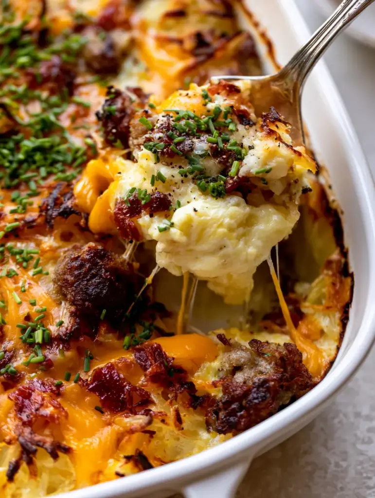 Cheesy Hash Brown Breakfast Casserole with Crispy Bacon and Sausage 2 Extreme close-up of a cheesy hash brown breakfast casserole with charred potato edges and bubbling sharp cheddar cheese.