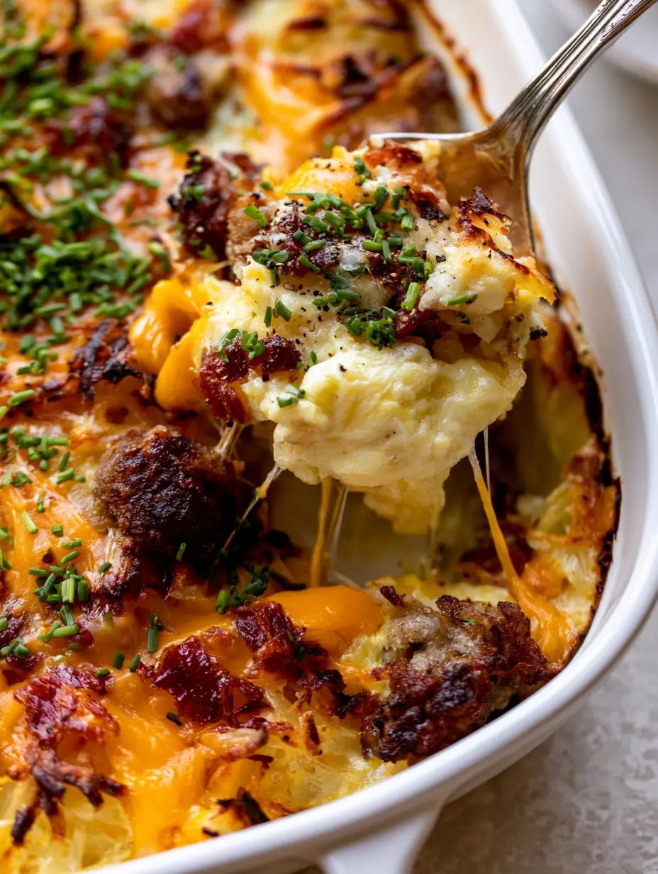 Cheesy Hash Brown Breakfast Casserole with Crispy Bacon and Sausage 3 Extreme close-up of a cheesy hash brown breakfast casserole with charred potato edges and bubbling sharp cheddar cheese.