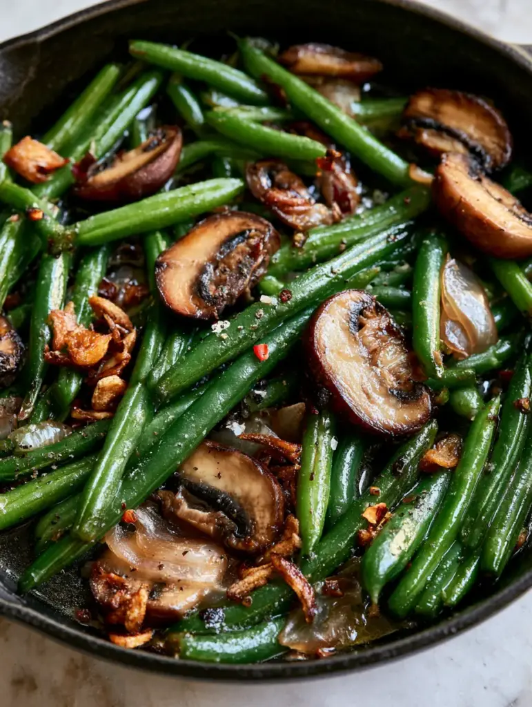 Green Beans with Mushrooms: The Ultimate Garlic Butter Side Dish 1 Overhead view of glistening Green Beans with Mushrooms garnished with red pepper flakes and golden garlic chips.