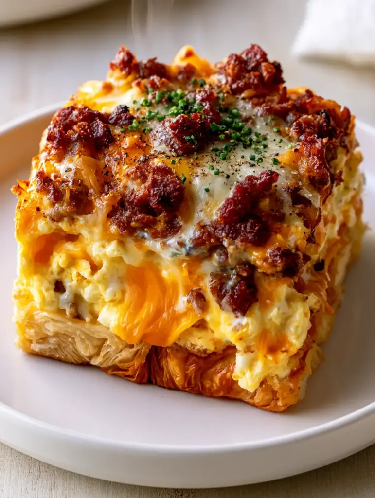 Sausage Egg and Cheese Breakfast Casserole with Crescent Roll Crust 1 Extreme culinary detail of bubbling mozzarella and cheddar cheese on top of a sausage and egg bake.