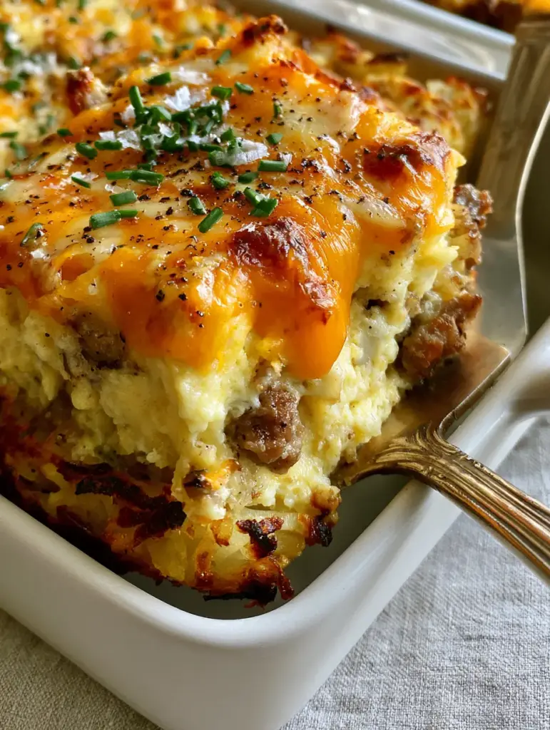 Overhead view of a sausage egg and hashbrown casserole slice being lifted with a vintage spatula showing a stretchy cheese pull.