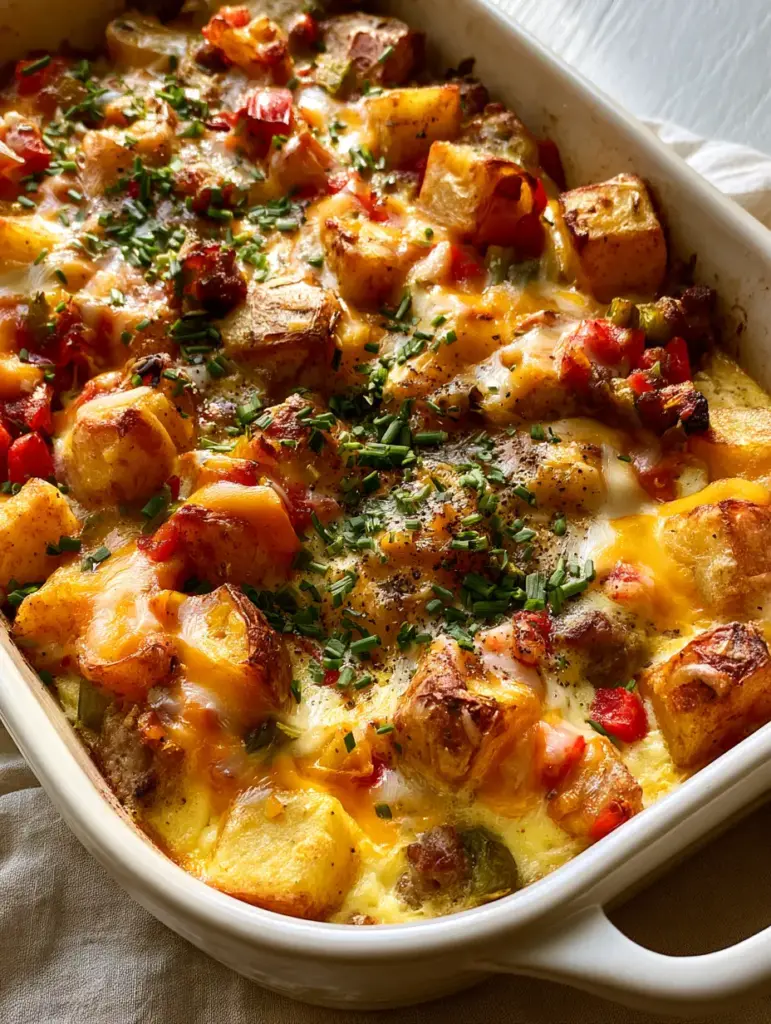 Close-up detail of sautéed red and green bell peppers and browned sausage in a Potatoes O'Brien Breakfast Casserole.