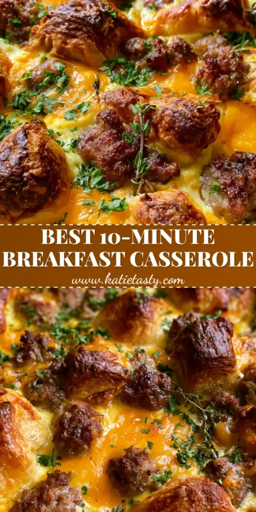 A close up of sausage croissant breakfast casserole in a cream dish featuring golden-brown croissant peaks and melted cheddar cheese.