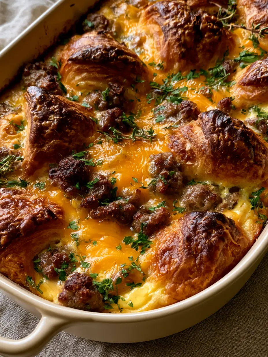 Overhead shot of a sausage croissant breakfast casserole with crispy croissant textures and savory pork sausage crumbles.