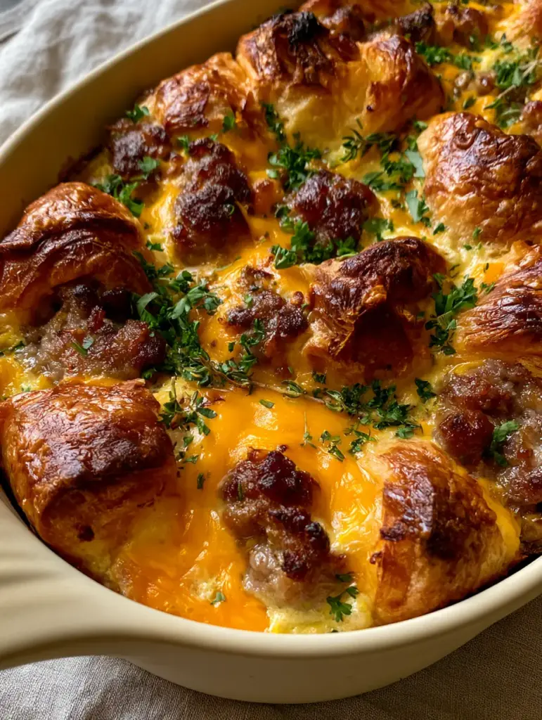 Side view of a serving of sausage croissant breakfast casserole showing the creamy egg custard base and melted sharp cheddar.