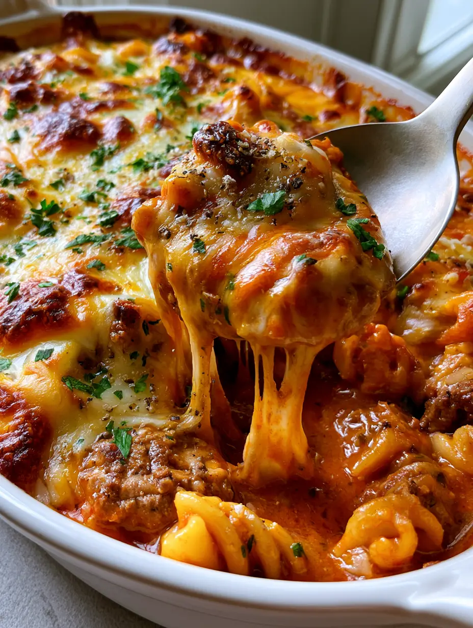 Casserole with Ground Beef and Cheesy Rotini in Tomato Cream Sauce 4 Close-up of a rustic white baking dish showing browned ground beef and bubbly mozzarella casserole layers.