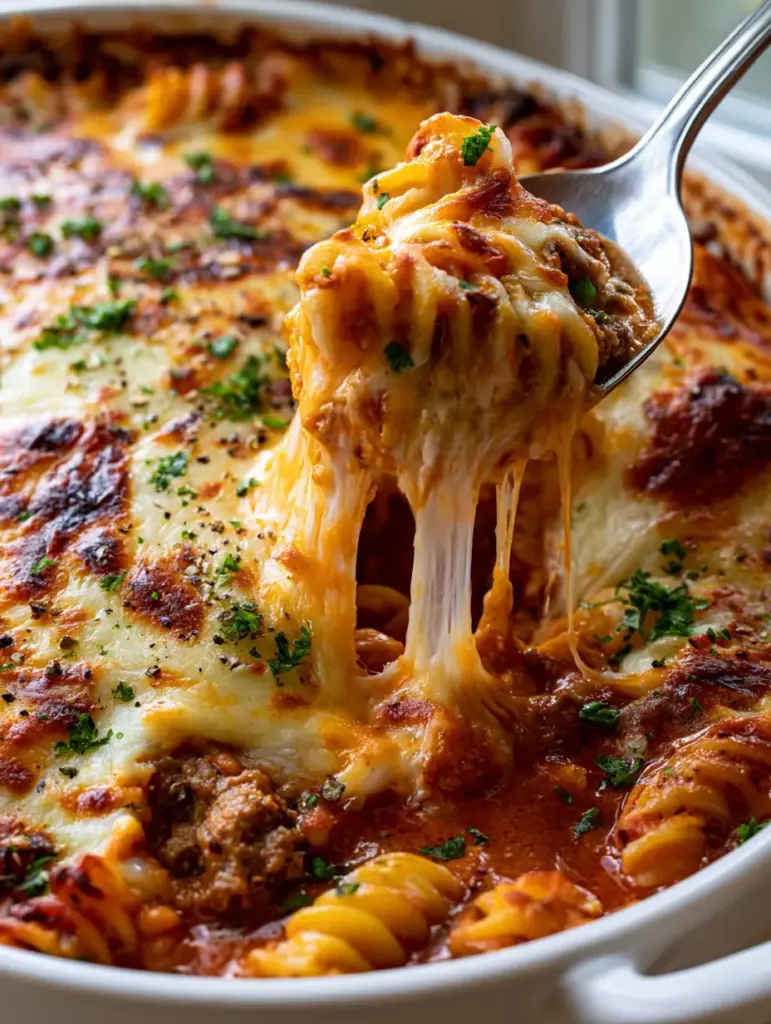 Casserole with Ground Beef and Cheesy Rotini in Tomato Cream Sauce 1 A silver spoon lifting a portion of cheesy beef casserole showing a long, gooey mozzarella cheese pull.