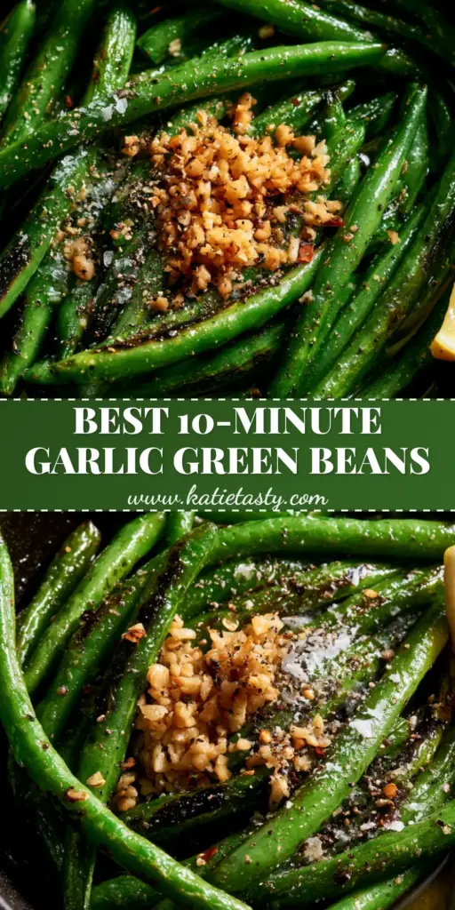 A macro shot of garlic butter sautéed green beans in a black skillet with golden garlic and red chili flakes.