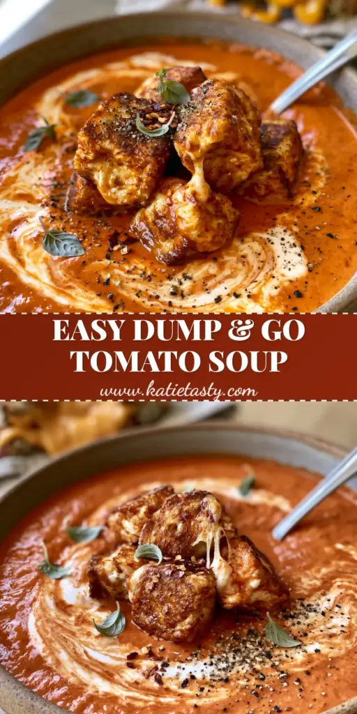Slow cooker tomato soup with Grilled Cheese Croutons 3 A top-down view of Slow cooker tomato soup in a rustic bowl with a heavy cream swirl and grilled cheese croutons.