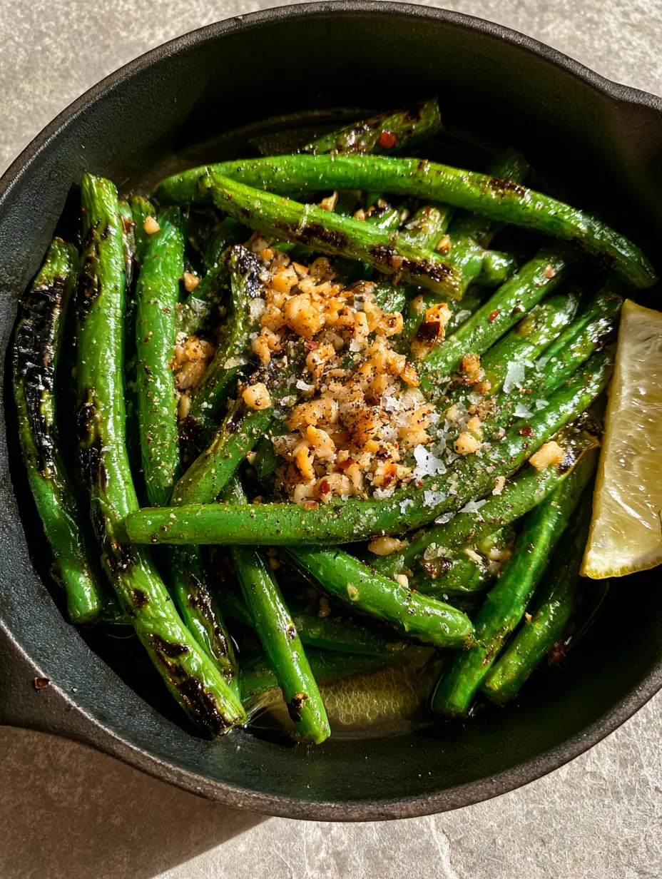 Top-down view of blistered haricots verts in a cast iron skillet with liquid garlic butter sauce. (garlic butter sautéed green beans)