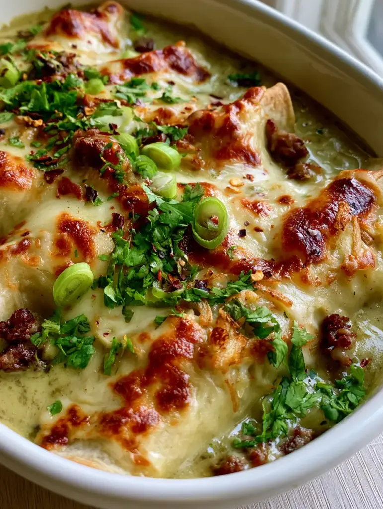 High-angle view of breakfast enchilada casserole topped with cilantro and red pepper flakes in a white ceramic dish.