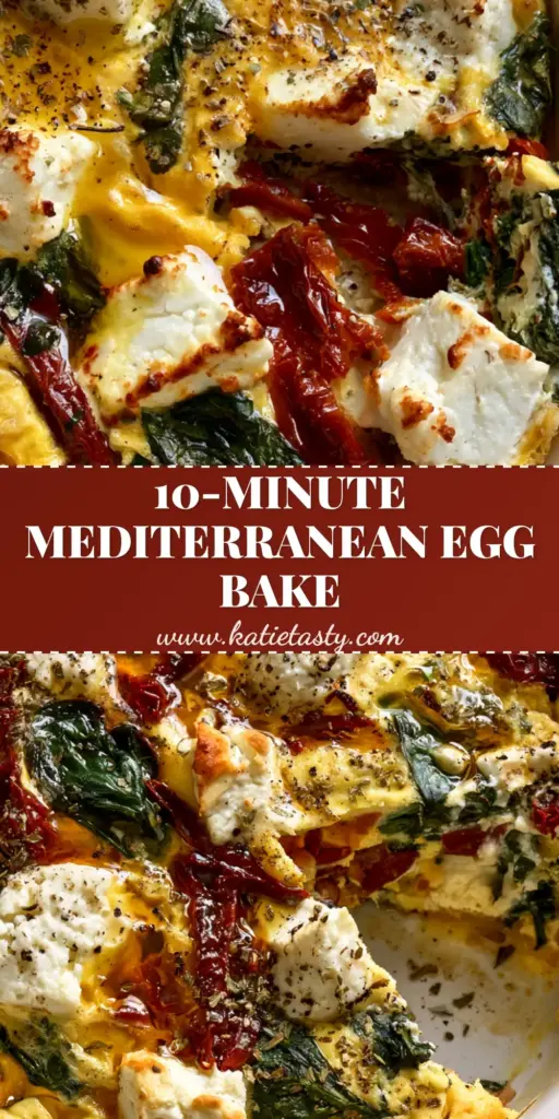 A close-up vertical shot of a Mediterranean breakfast casserole in a white dish, featuring golden eggs, sun-dried tomatoes, and browned feta.