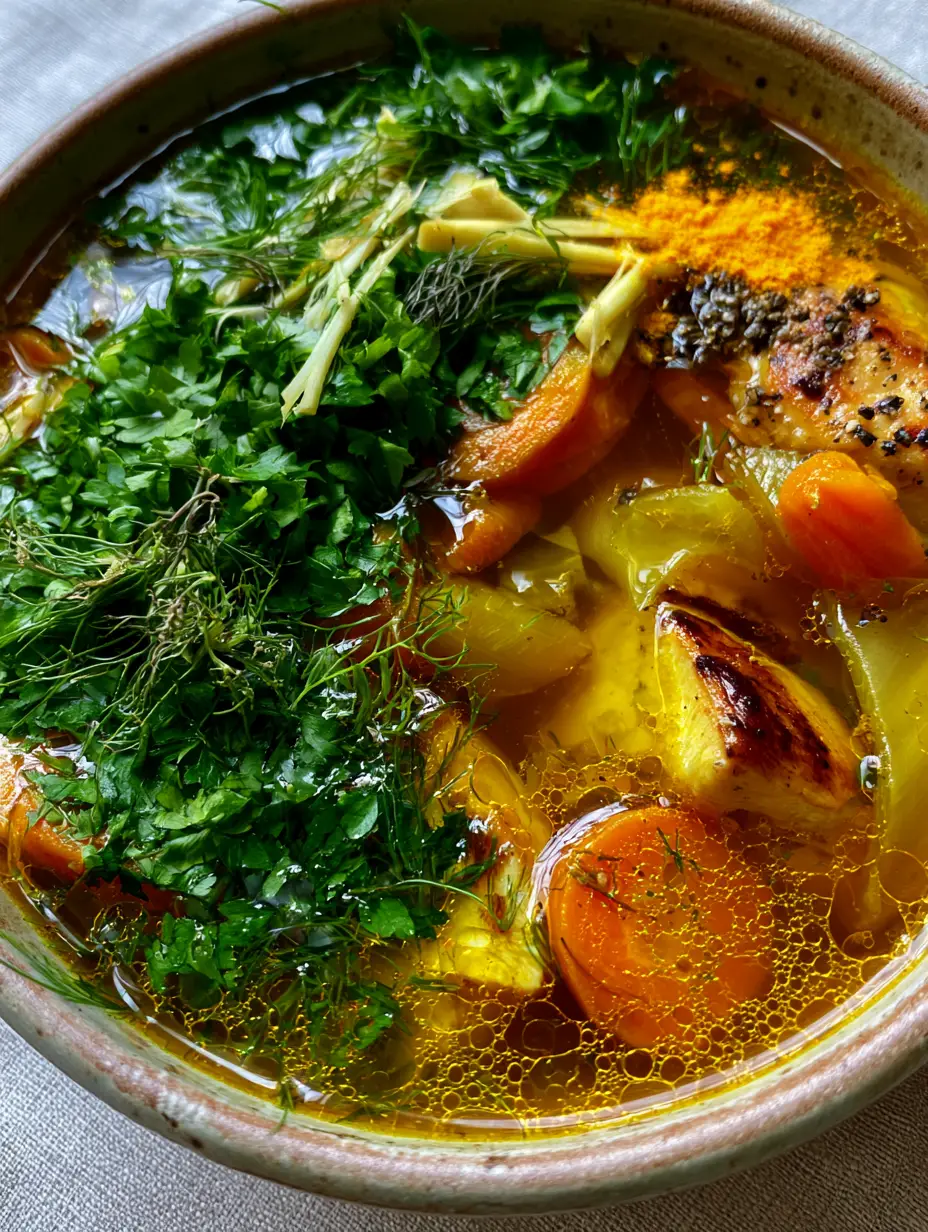 Close-up of golden homemade chicken soup with shimmering oil droplets, seared chicken, and matchstick ginger.