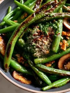 Close-up of vibrant emerald Garlic Butter Green Beans and Mushrooms showing blistered sear marks and crispy garlic bits.