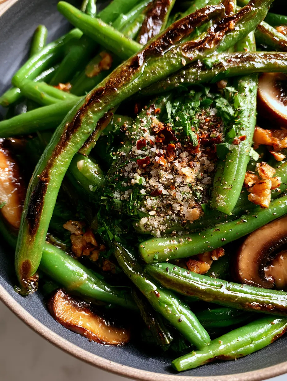 Garlic Butter Green Beans and Mushrooms with Blistered Edges 4 Close-up of vibrant emerald Garlic Butter Green Beans and Mushrooms showing blistered sear marks and crispy garlic bits.