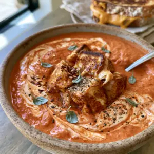 A handheld smartphone photo of vibrant orange-red slow cooker tomato soup with a cream swirl and sourdough croutons.