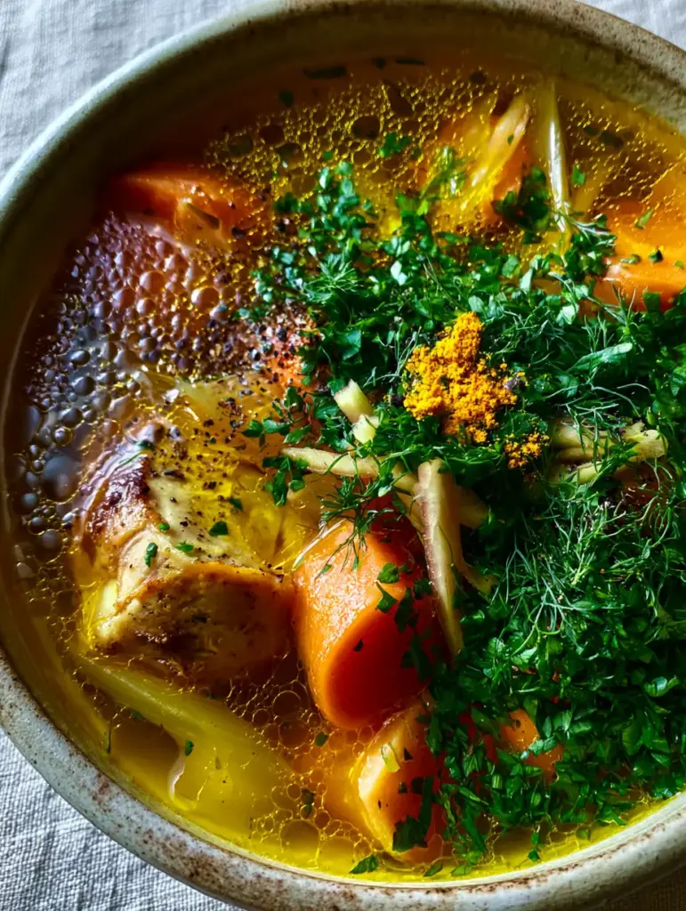 Top-down view of chicken soup in a rustic bowl garnished with fresh dill and cracked black pepper.