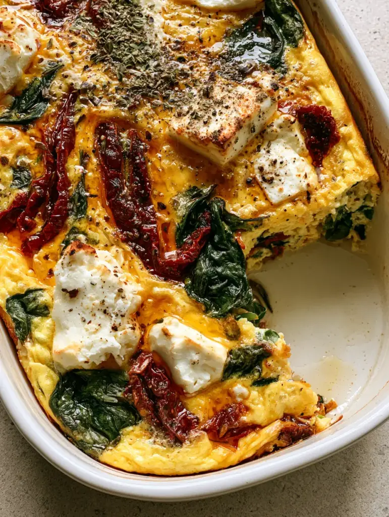 A vertical handheld smartphone photo of a Mediterranean breakfast casserole showing vibrant sun-dried tomatoes and wilted spinach.