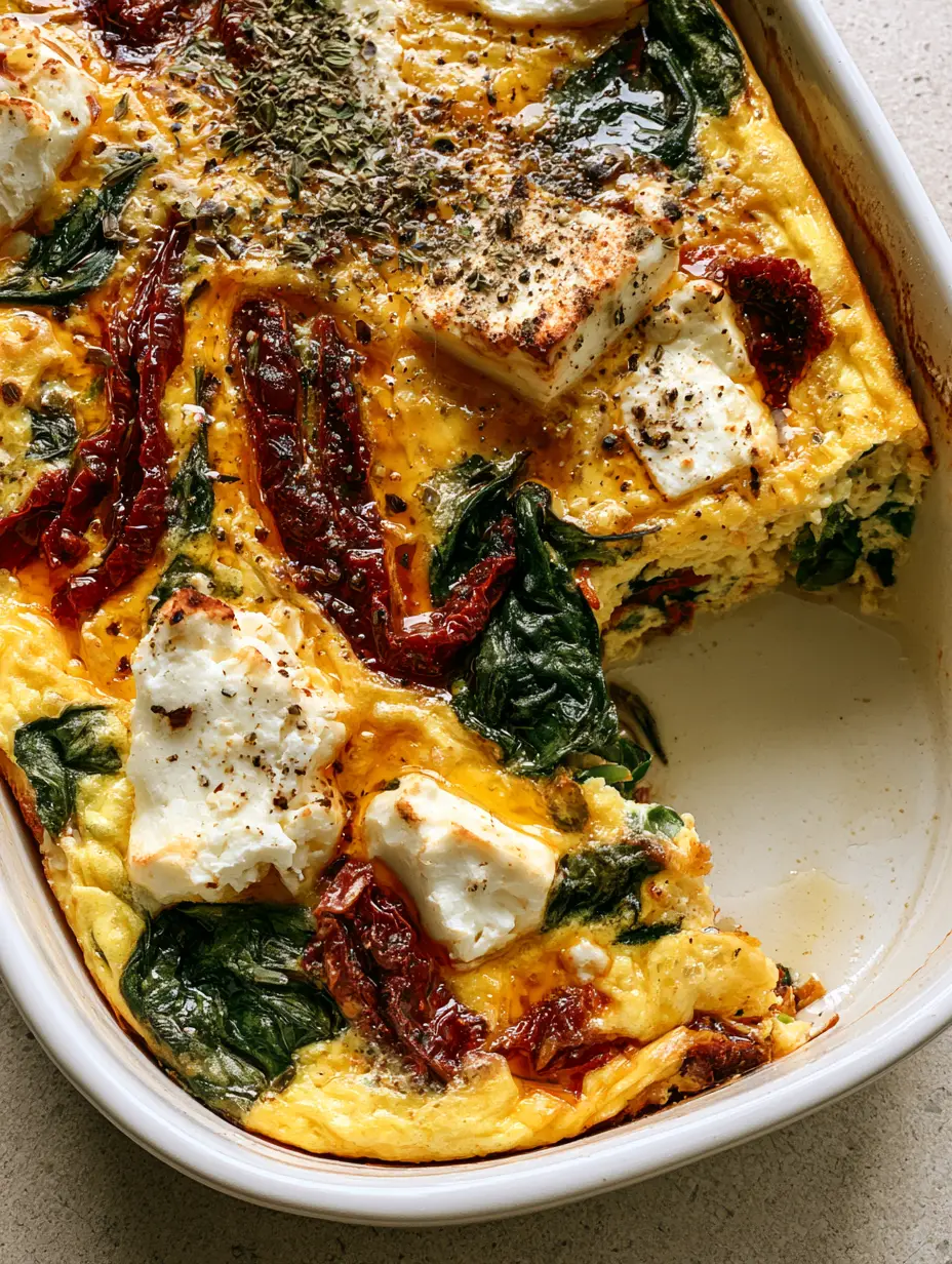 A vertical handheld smartphone photo of a Mediterranean breakfast casserole showing vibrant sun-dried tomatoes and wilted spinach.