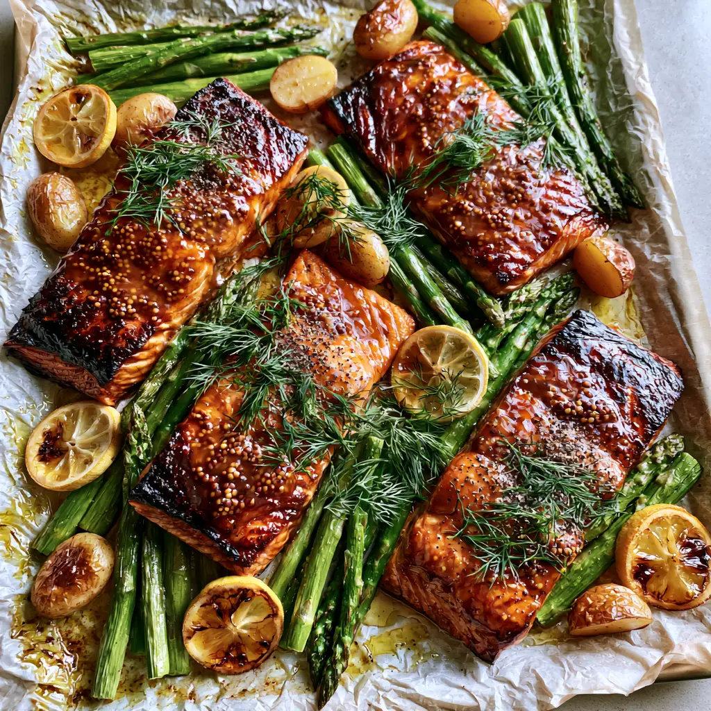 Angled view of three caramelized salmon fillets with thick honey dijon glaze and fresh dill sprigs.