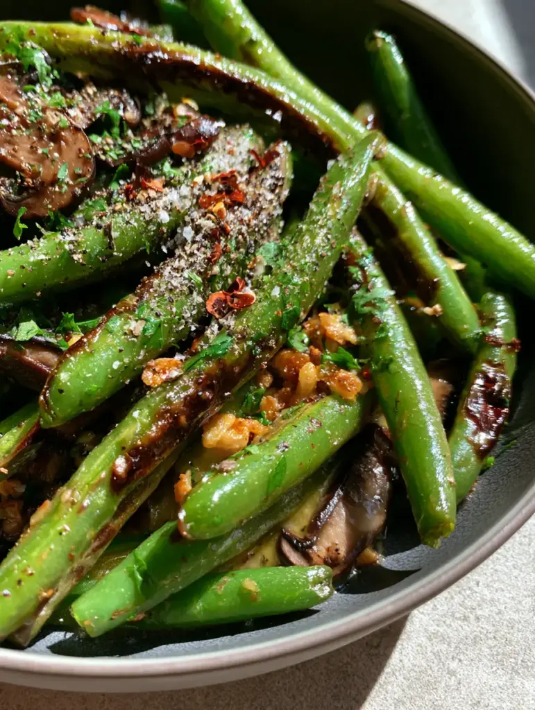 Garlic Butter Green Beans and Mushrooms with Blistered Edges 1 Detailed shot of seared sliced cremini mushrooms and green beans coated in a golden butter emulsion glaze in a cast iron skillet.