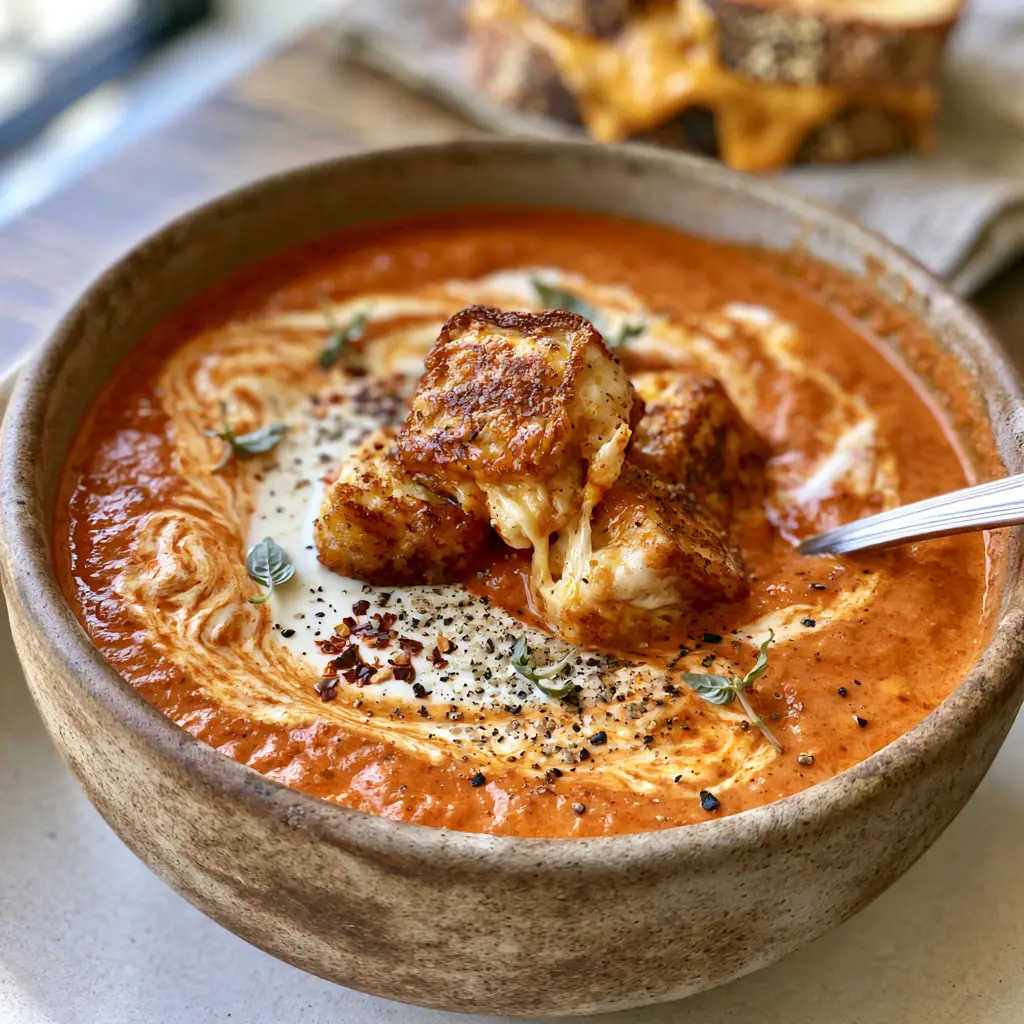 Slow cooker tomato soup with Grilled Cheese Croutons 1 Close up of golden-brown grilled cheese croutons showing a melted cheddar cheese pull on top of tomato soup.
