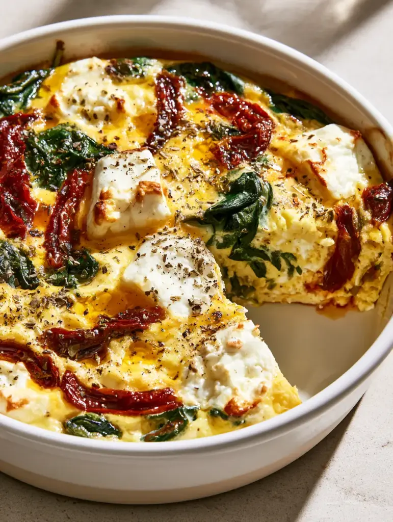 Close up view of fluffy egg texture with visible air pockets and oil-glistening sun-dried tomato strips.