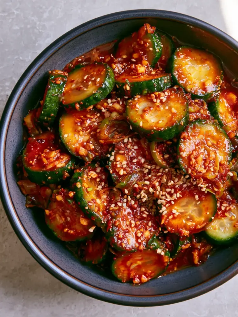 Korean cucumber kimchi salad: The Viral 10-Minute Spicy Cucumber Recipe 2 Top-down view of Persian cucumbers in a crimson red chili paste with sesame seeds. (Korean cucumber kimchi salad)