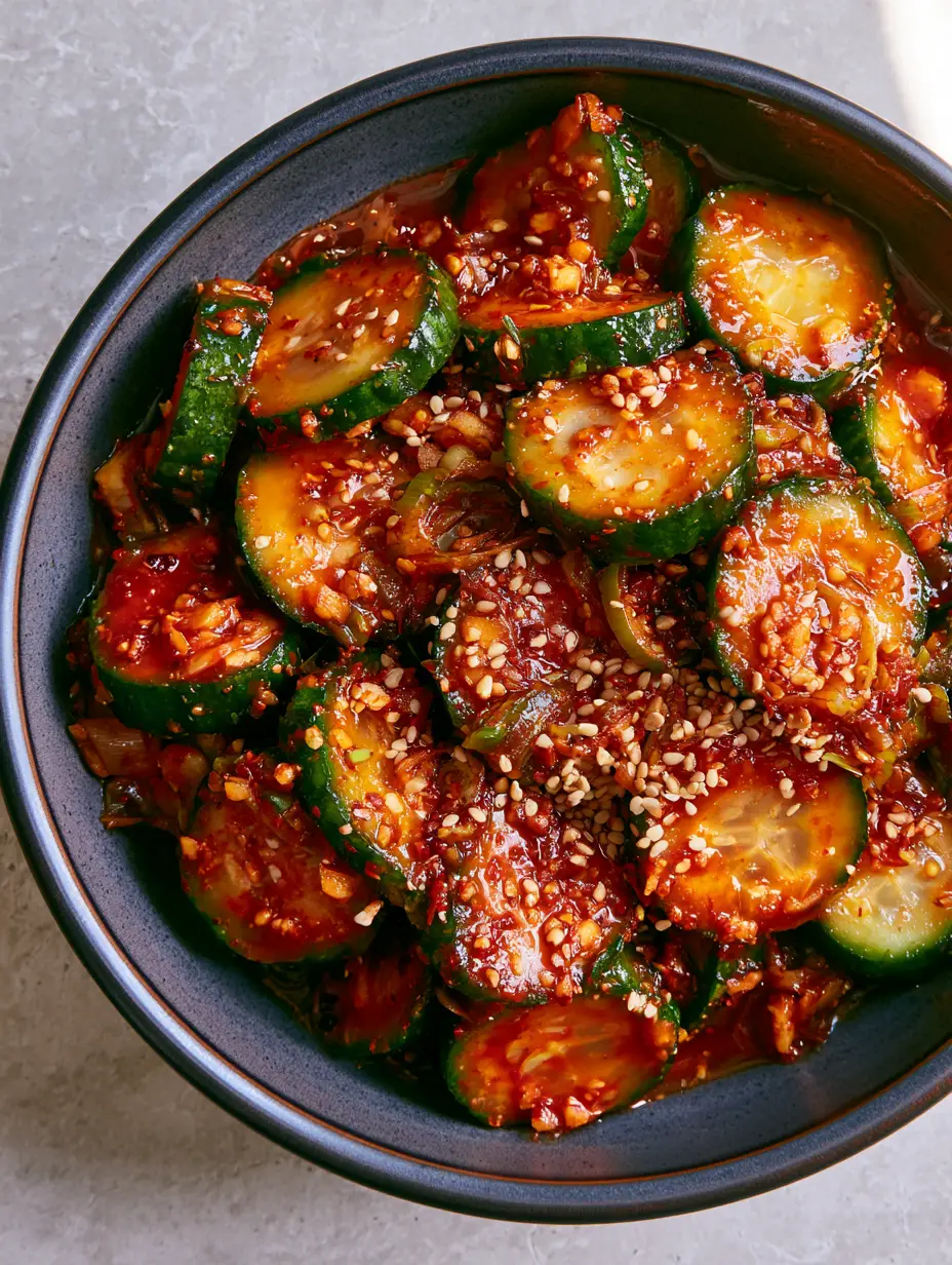 Korean cucumber kimchi salad: The Viral 10-Minute Spicy Cucumber Recipe 3 Top-down view of Persian cucumbers in a crimson red chili paste with sesame seeds. (Korean cucumber kimchi salad)