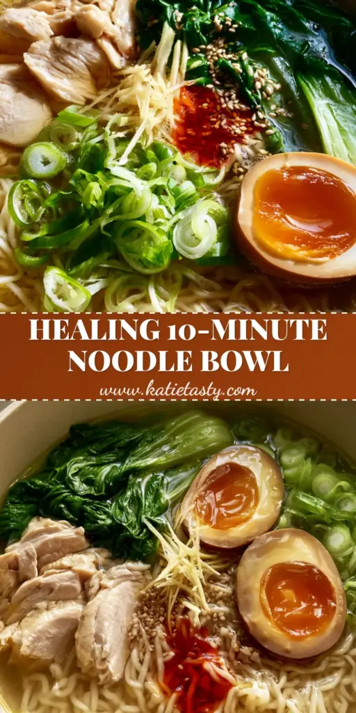 Chicken Broth Noodles Bowl with Jammy Egg and Ginger 3 A top-down view of a chicken broth noodles bowl with golden broth, sliced poached chicken, and a jammy soft-boiled egg.