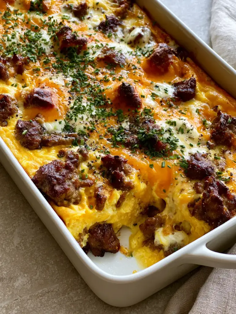 Close-up of a breakfast egg casserole slice missing, showing the moist bread-less interior and melted cheese pockets.