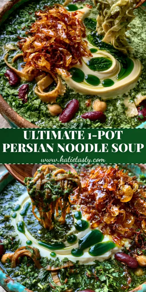 A steaming bowl of Authentic Persian Noodle Soup (Ash Reshteh) with thick wheat noodles, dark green herb broth, kashk swirls, and fried onions.