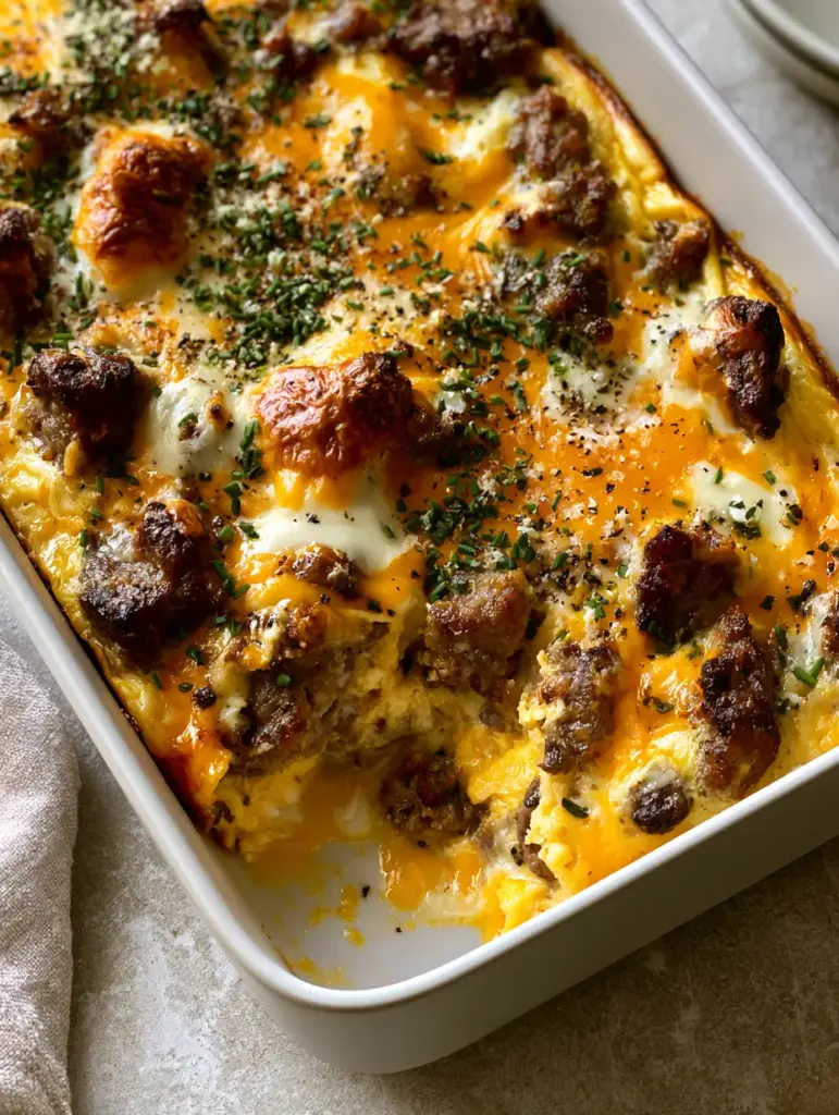 Handheld smartphone shot of breakfast egg casserole with toasted mozzarella peaks and green chive garnish.