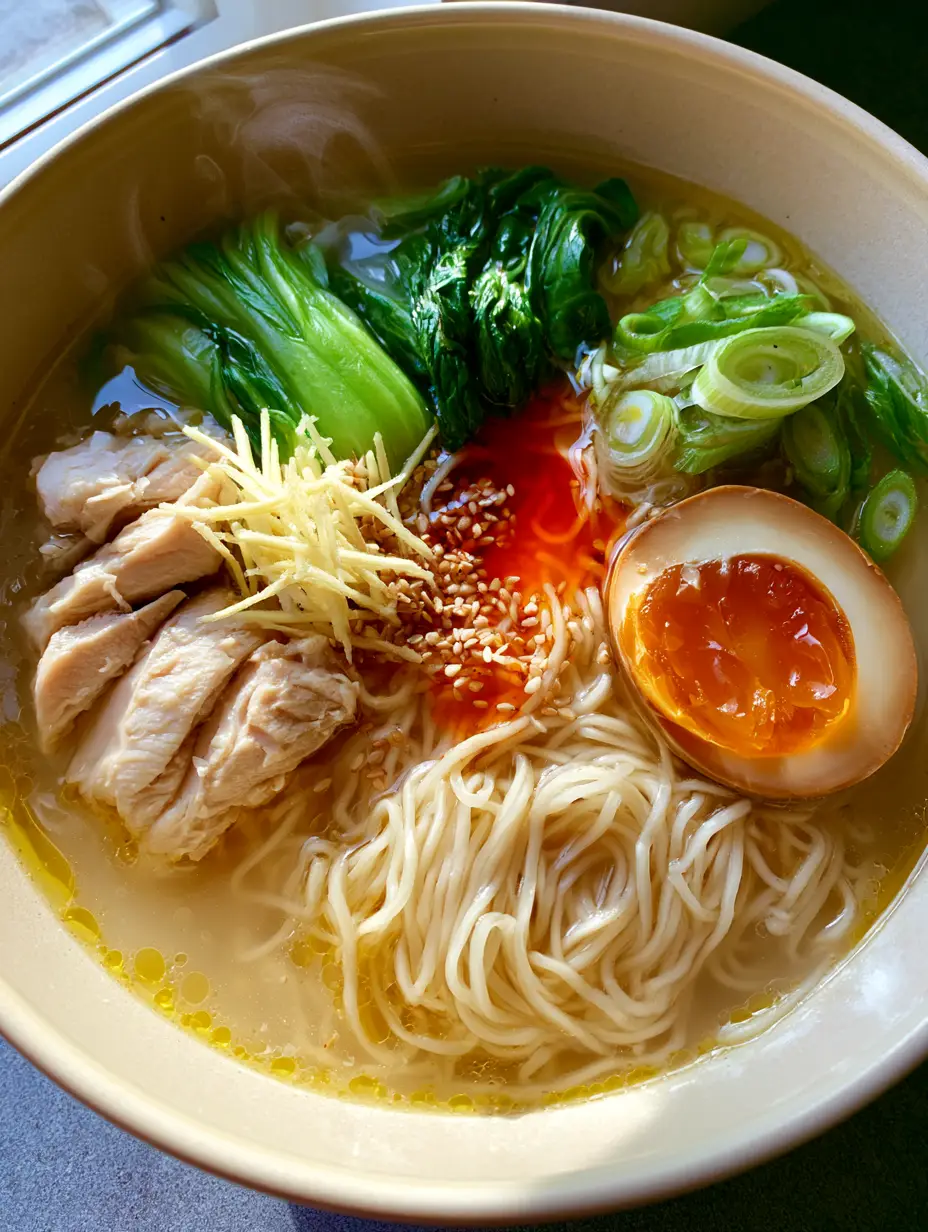 Chicken Broth Noodles Bowl with Jammy Egg and Ginger 4 Extreme close-up of a chicken broth noodles bowl showing shimmering fat droplets on golden broth and thin rice noodles.