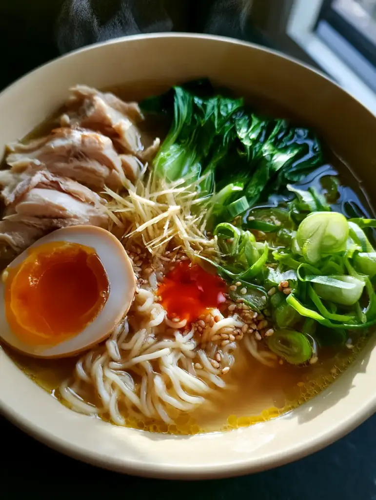 Chicken Broth Noodles Bowl with Jammy Egg and Ginger 1 Aesthetic plating of a chicken broth noodles bowl with bok choy, julienned ginger, and red chili oil drizzle.