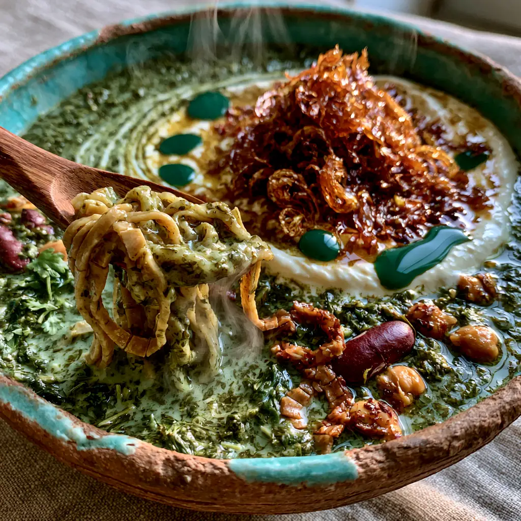 Close up of Persian Noodle Soup with emerald green mint oil droplets and golden-brown crispy fried onions garnish.