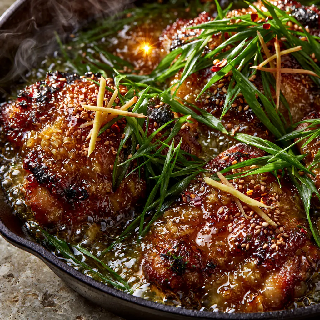Ginger Garlic Chicken Thigh Bake: The Ultimate Sticky One-Pan Dinner 2 Extreme overhead shot of Ginger Garlic Chicken Thigh Bake showing bubbling amber sauce and crispy skin.