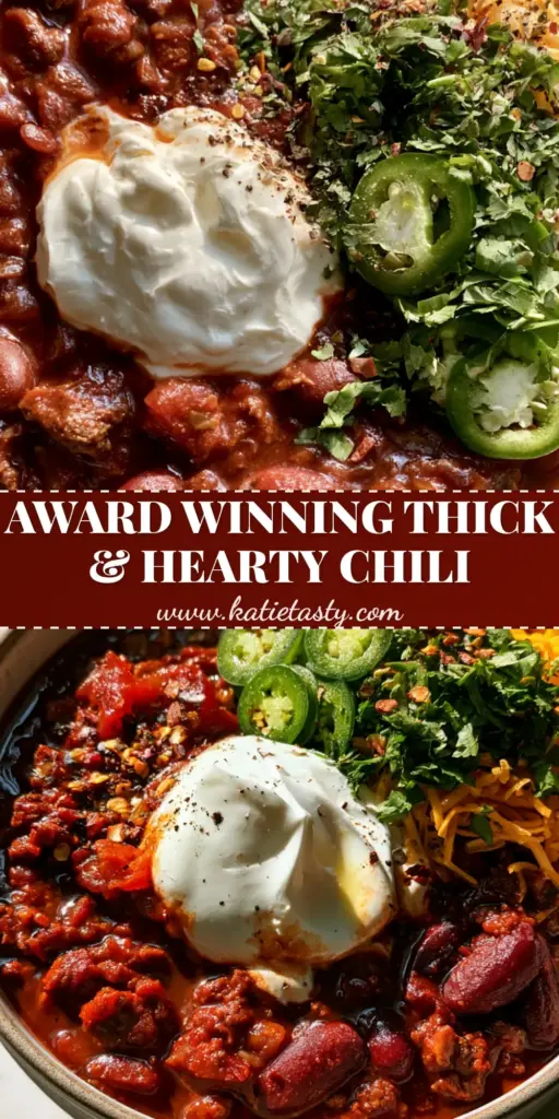 A rustic ceramic bowl overflowing with thick mahogany beef Chilli topped with a dollop of sour cream, shredded cheddar, and sliced jalapeños.